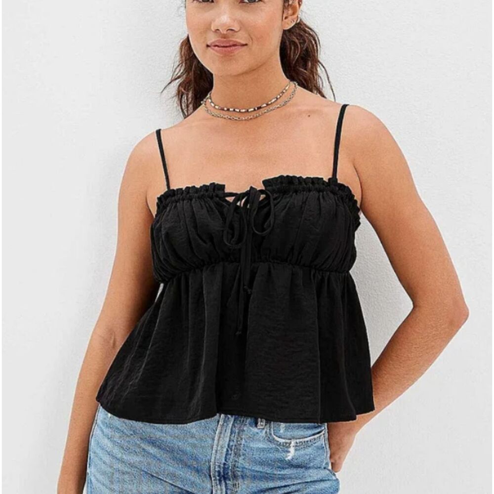 American Eagle $35 Womens Silky Cinch Babydoll Cami Black Size Small